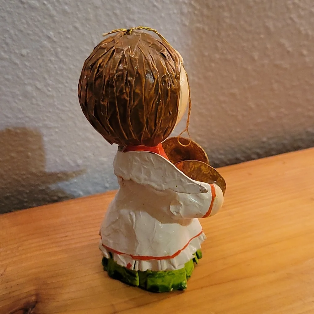 Vtg Handmade Paper Mache Glazed Angel Christmas Tree Ornament Cymbals Music